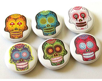 Button Pins Day of the Dead sugar skulls gift halloween magnets skeleton calavera party favor stocking stuffer wedding shower badges funky