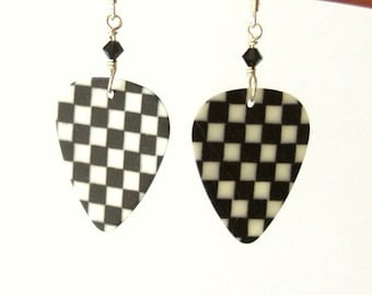 Black and White Checker Board Checkerboard Guitar Pick Earrings rocker musician music stocking stuffers party favor shower gift rockabilly