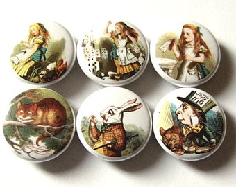 Alice's Adventures refrigerator Magnets mad hatter cheshire cat drink me party favor stocking stuffer shower gift pin button carroll tenniel
