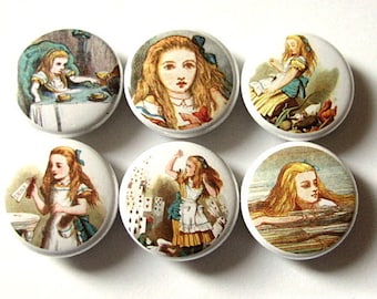 Alice's Adventures Button Pins Badges drink me party favors stocking stuffers shower gifts flair accessories magnets carroll tenniel