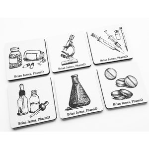 Personalized Pharmacist Drink Coasters Gift Set beaker microscope pills syringe medication pharmacy science biology prescription graduation
