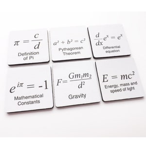 May include: Six white square coasters with black text and equations. The equations include the definition of pi, the Pythagorean theorem, a differential equation, Euler's identity, the law of universal gravitation, and Einstein's equation for mass-energy equivalence.
