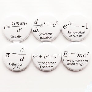 May include: Six white round buttons with black text and equations. The equations include the formula for gravity, the derivative of e^x, Euler's identity, the definition of pi, the Pythagorean theorem, and Einstein's equation for energy, mass, and the speed of light.