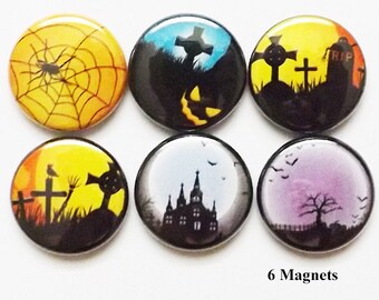 Halloween Haunted House magnets spider web cemetery spooky goth moon bats party favors stocking stuffers geekery button pins graves gifts