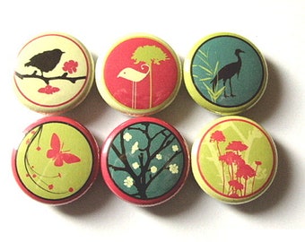 Retro button pins birds butterfly mod flowers crane tree party favors stocking stuffers flair magnets wine charms gifts flair housewarming