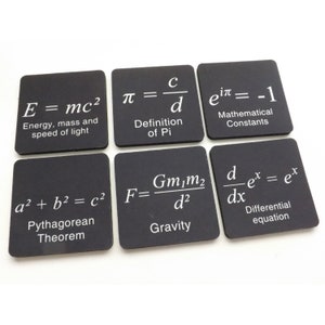 May include: Six black square coasters with white text featuring famous equations from physics and mathematics. The equations include E=mc&sup2;, &pi;=c/d, e^i&pi;=-1, a&sup2;+b&sup2;=c&sup2;, F=Gm₁m₂/d&sup2;, and d/dx e^x = e^x.