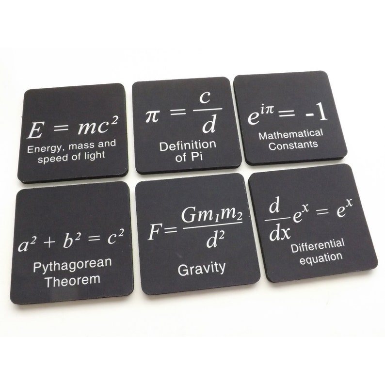 May include: Six black square coasters with white text featuring famous equations from physics and mathematics. The equations include E=mc&sup2;, &pi;=c/d, e^i&pi;=-1, a&sup2;+b&sup2;=c&sup2;, F=Gm₁m₂/d&sup2;, and d/dx e^x = e^x.