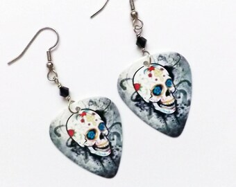 Day of the Dead Guitar Pick Earrings sugar skull dia de los muertos Halloween grunge goth skull skeleton party favor stocking stuffer gift