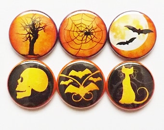 Halloween button pins badges party favors skull bats moon spider web cat geekery trick treat spooky stocking stuffers gifts flair magnet