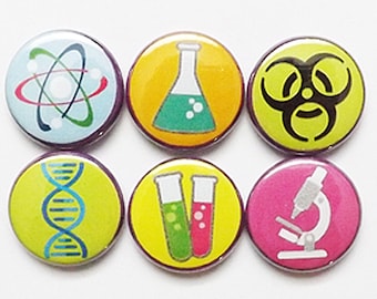 Science Magnets microscope DNA test tubes beaker atom hazard party favors stocking stuffers laboratory lab geekery nerd dork pins gifts