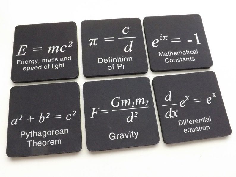 May include: Six black square coasters with white text featuring famous mathematical equations and constants. The equations include E=mc&sup2;, &pi;=c/d, e^i&pi;=-1, a&sup2;+b&sup2;=c&sup2;, F=Gm₁m₂/d&sup2;, and d/dx e^x=e^x.