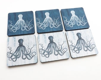 Coaster Set Octopus beach ocean theme gifts kraken tentacles sea life home kitchen decor nautical coastal cottage party favor wedding shower