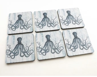 Blue Octopus Nautical Drink Coaster sealife beachy ocean theme home decor cthulhu tentacles kraken beach house gift coastal style mug rugs