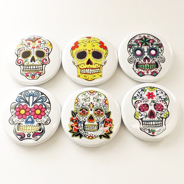 Day of the Dead Sugar Skull button pins badges dia de los muertos skeleton party favors stocking stuffer shower wedding calavera gift magnet