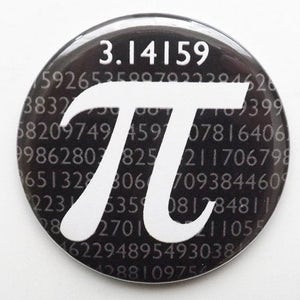 May include: A black and white button with the mathematical constant pi (π) displayed in white against a black background. The digits of pi are displayed in a circular pattern around the symbol.