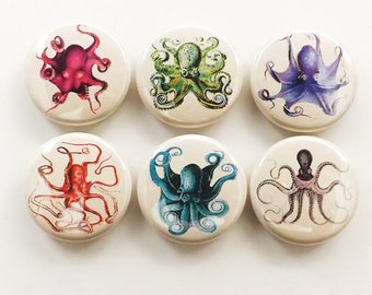 Octopus Magnets button pins coasters sea life beach ocean decor nature marine biology birthday party favor gift cthulhu tentacles kraken