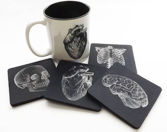 May include: Set of six black coasters with white anatomical illustrations of a skull, heart, ribcage, and brain. The coasters are square and have a smooth, matte finish.
