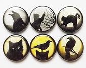 Button Pins Black Cats Ravens badges magnets halloween crows party favors stocking stuffers trick or treat bags goth spooky gifts