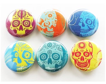 Fridge Magnets Day of the Dead Dia de los Muertos wedding shower favors calavera skeleton gift button pins coasters sugar skulls goth