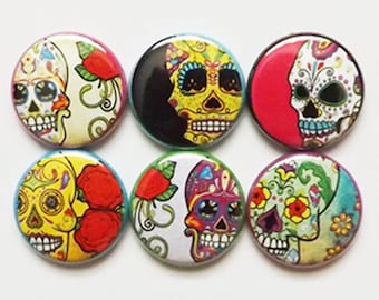 Day of the Dead button pins dia de los muertos sugar skulls badges skeleton party favors calavera gift wedding shower halloween magnets goth