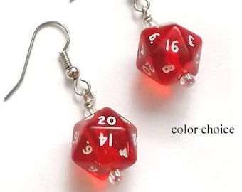 Mini D20 Dice Earrings color choice gamer gifts geekery polyhedral rpg stocking stuffers party favors dnd nerd dork game pieces jewelry