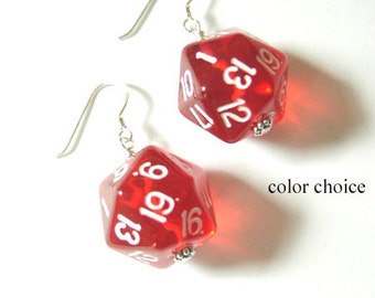 Geeky D20 Dice Earrings color choice Funky Cute geekery gamer gifts jewelry stocking stuffers recycled rpg dnd party favors polyhedral dork