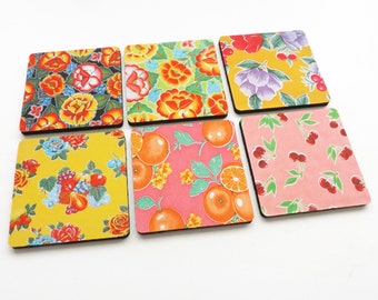 Fruit and Flowers drink coasters gift set oranges cherries mid century modern rockabilly retro kitchen decor hostess housewarming garden