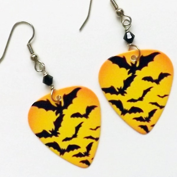 Guitar Pick Earrings spooky Halloween bats party favors stocking stuffers gifts trick or treat costume horror goth macabre geekery novelty