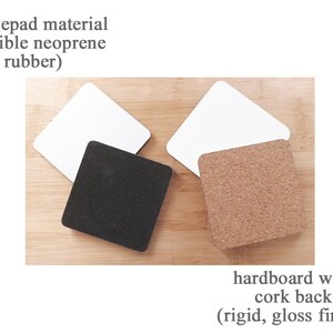 May include: Four different mousepads, two are white, one is black, and one is brown with a cork texture. The white mousepads are labeled "mousepad material (flexible neoprene rubber)" and the brown mousepad is labeled "hardboard with cork back (rigid, gloss finish)".