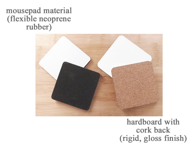 May include: Four different mousepads, two are white, one is black, and one is brown with a cork texture. The white mousepads are labeled "mousepad material (flexible neoprene rubber)" and the brown mousepad is labeled "hardboard with cork back (rigid, gloss finish)".
