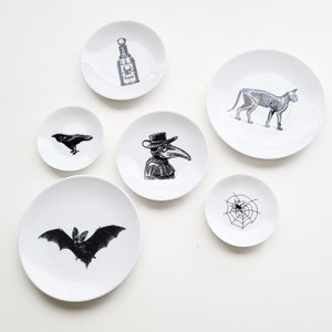 May include: Set of six white ceramic plates with black and white illustrations of a crow, bat, spider web, skeleton cat, plague doctor, and a bottle with a skull. The plates are perfect for a Halloween themed party.