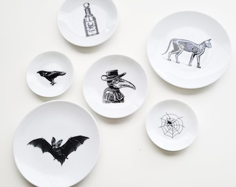 Halloween Dishes small shallow ceramic plate goth home decor wedding gift ring dish black white cat web bat raven bottle mask