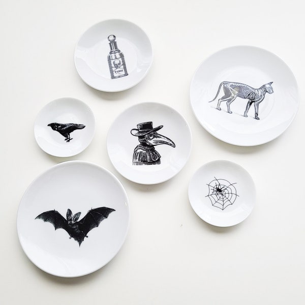 Halloween Dishes small shallow ceramic plate goth home decor wedding gift ring dish black white cat web bat raven bottle mask