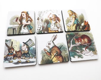 Drink Coasters Alice's Adventures mad hatter drink me housewarming hostess shower gift party favor victorian cheshire cat carroll tenniel