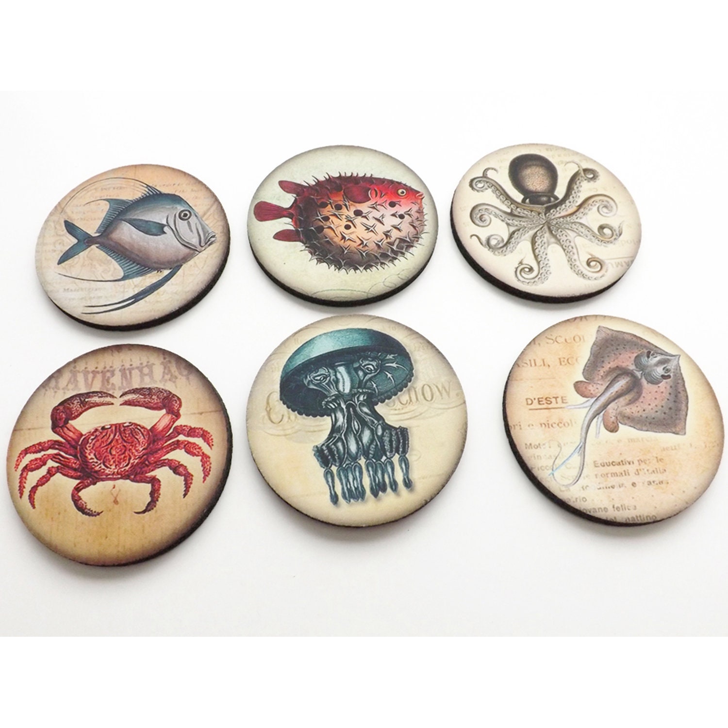 Ocean Creatures Coasters mug rugs hostess gift coastal beach nature crab puffer blue fish octopus jellyfish party favor home decor nautical