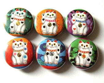 Lucky Cat Maneki Neko button pins badges kitty fortune waving magnets stocking stuffers party favors geekery housewarming hostess gift