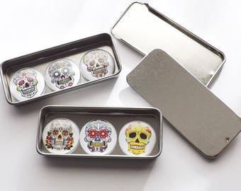 Sugar Skulls Gift Set slide top tins six 1" fridge magnets pins stocking stuffers geek goth day of the dead halloween dia de los muertos