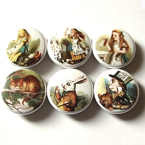 Button Pins Alice&#39;s Adventures badges magnets drink me mad hatter stocking stuffer party favors flair shower gift carroll tenniel