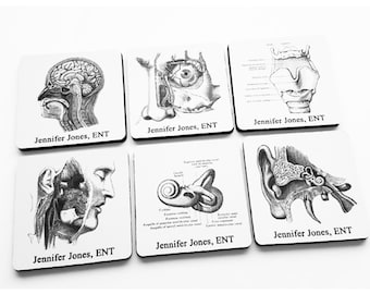 May include: Set of six white coasters with black and white anatomical illustrations of the ear, nose, and throat. Each coaster features the text "Jennifer Jones, ENT".