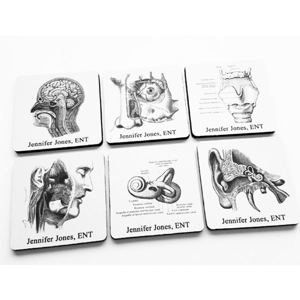 ENT Drink Coasters Custom Name gift set ear nose throat head neck doctor otolaryngologist medical school graduation stocking stuffer anatomy