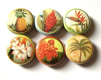 Hawaiian Flowers button pins badges magnets floral tropical retro kitsch palm tree pineapple party favors shower gifts housewarming hostess
