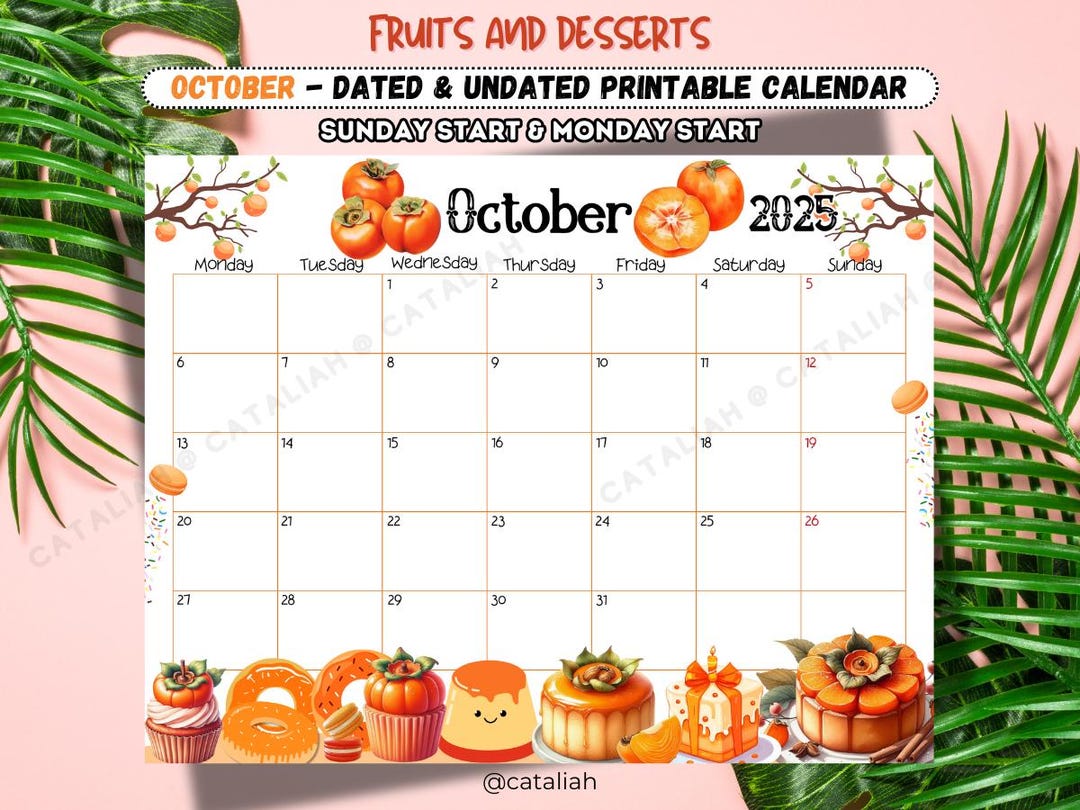 2025 Printable October Monthly Calendar for Kids in Persimmon Fruits ...