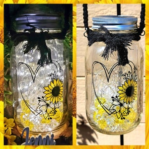 Sunflower solar rechargeable mason jar fairy lantern, sunflower decor, camping light, camping gear, farmhouse outdoor garden light, gift mom
