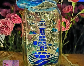 Farmhouse lighthouse solar mason jar light, mother birthday gift,  Farmhouse lighthouse decor, ocean decor, beach, fairy lantern, sister
