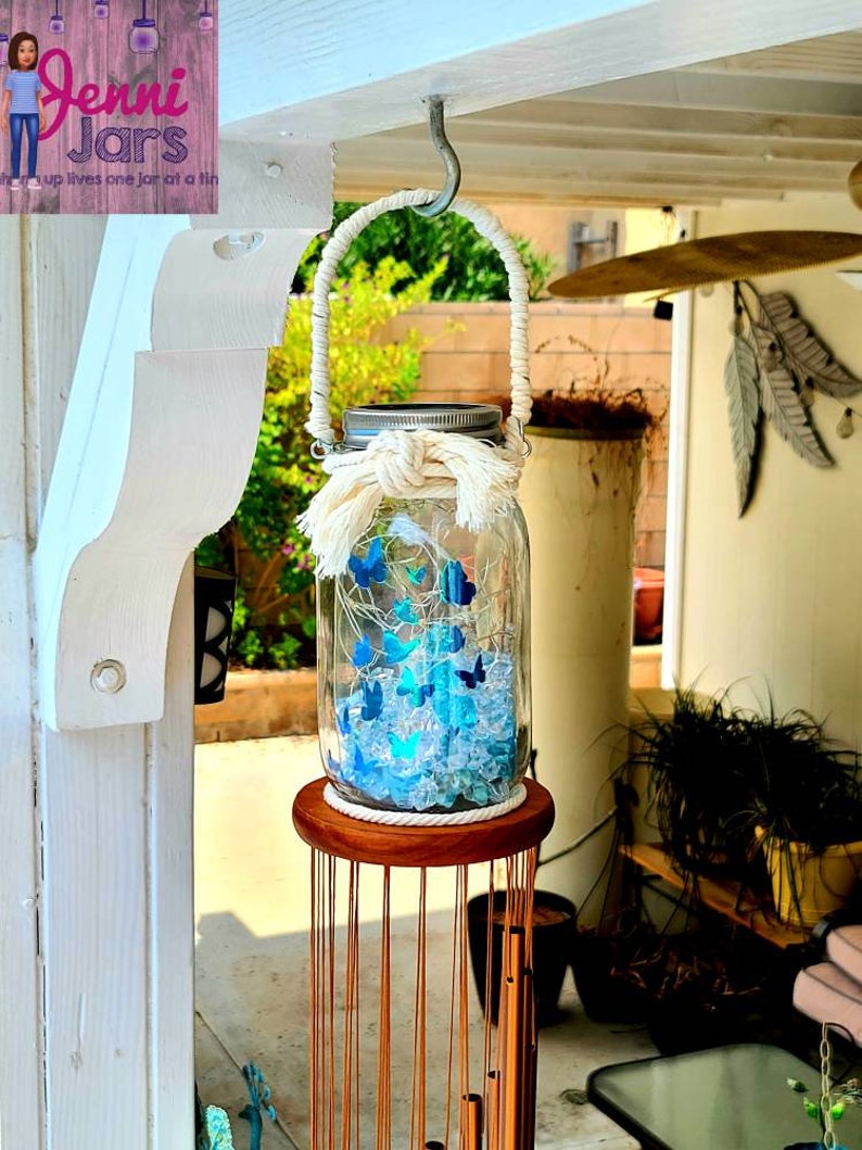 Farmhouse butterfly light up windchime patio decor backyard wind chime solar mason jar fairy lantern butterfly gifts gift for her