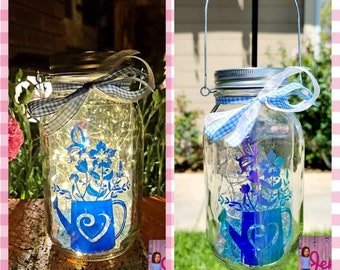 Farmhouse watering can solar mason jar light,  butterfly mother birthday gift, camping light, mason jar fairy lantern, floral gifts