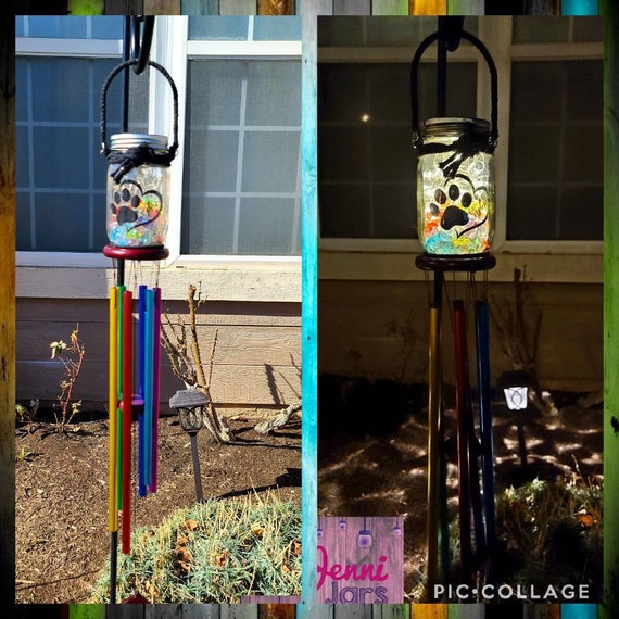 Personalized Pet Mini Solar Wind Chime Paw Print Farmhouse Mason
