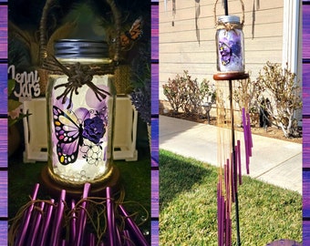 Solar rechargeable butterfly mason jar fairy lantern wind chime, purple hydrangea outdoor solar garden light, spring outdoor decor, camping