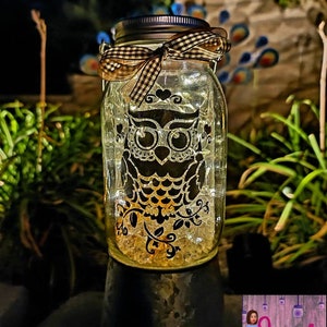 May include: A glass mason jar with a black and white owl design and a brown and white checkered ribbon. The jar is filled with white lights and clear stones. The jar is sitting on a rustic metal surface.