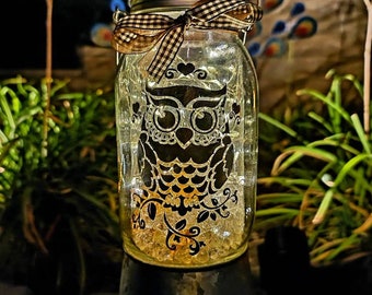 Farmhouse mason jar lights, owl solar garden light, solar lights decor,  fairy lantern, fall decor, mom birthday gift, solar lights garden,